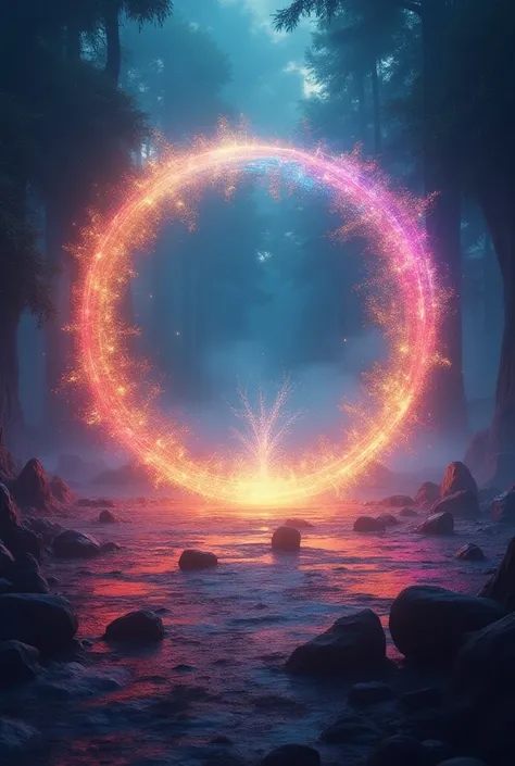 a magical circle, rainbow gradient, colorful energy, intricate patterns, glowing orbs, dynamic movement, ethereal atmosphere, vibrant hues, digital art, surreal landscape, abstract design, mystical symbols, otherworldly elements, breathtaking visuals, cine...