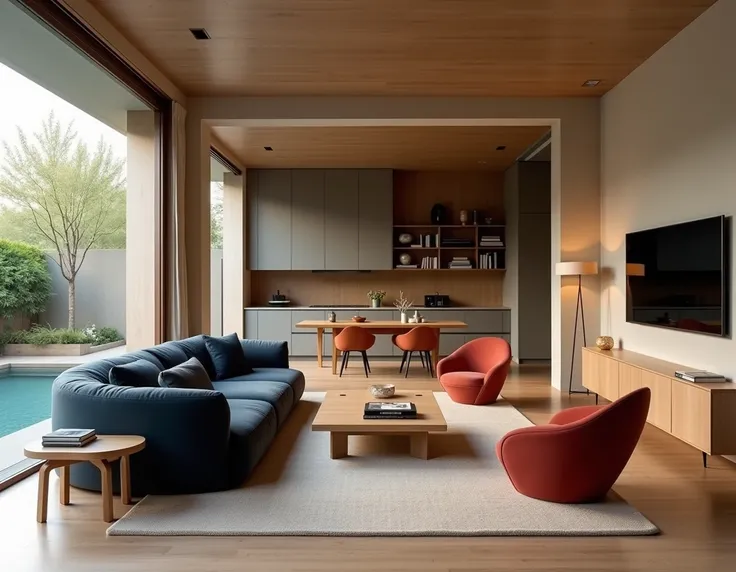  Create an image of a 24m² living room integrated with a 16m² kitchen .  The color palette has neutral shades of beige , brown,  gray and green in the architectural envelope and shades of blue and red punctually in the furniture .  The enclosure is charact...