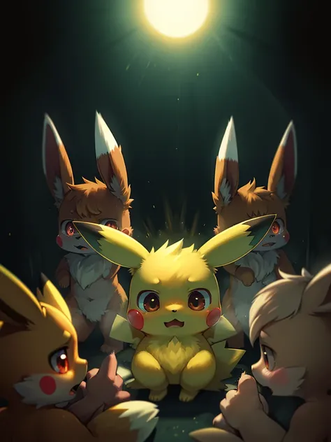 pocket monster , creepy & scared , Pikachu and Eevee , A shock of 100,000 volts hits the body.
, ( soft focus , Shallow focus , dim light , Cross Process , Tyndall ) , horror movie