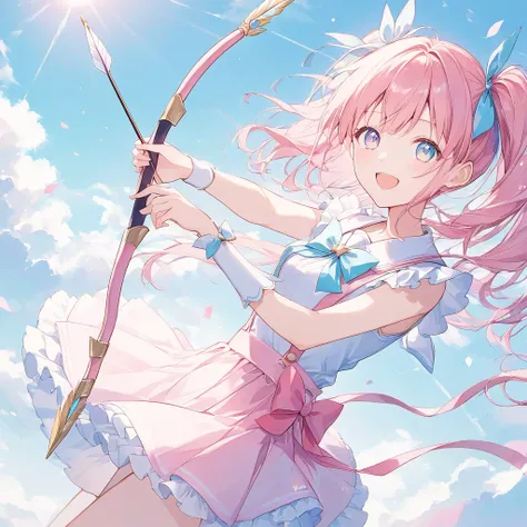 ((pastel、 watercolor style ))、1 woman,Overall image, Magical Girl with a Bow , An arrow of light comes out of the bow,Infinite Light ,straight line, side angle , Gradation Eyes ,Laughter,happiness, The background is a clear day, Moderate Blur , Strong Vign...