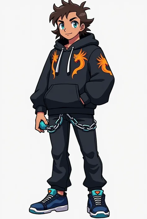  create full-body pixel-art of a masculine-looking character, young adult,  in the style of the game :  Pokemon Black and White following the following instructions .  Make it look like an adult .  Make him have brown skin .  Make the character with brown ...