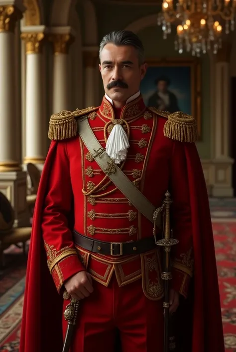 A white man , wearing a luxurious red military uniform , with a sword hanging from his waist ,With a mustache, in a super luxurious villa,Realistic style