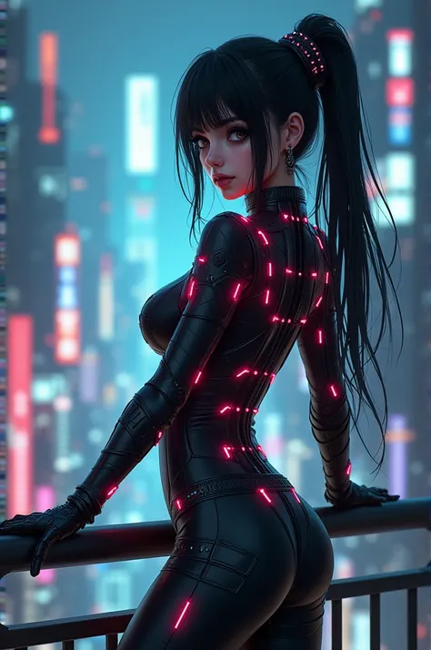 (masterpiece, Best Quality:1.2), 1 girl, Alone, A close-up of a woman in a skintight cyberpunk suit with wires and lights posing on a railing, cyberpunk art, cyberpunk anime girl, female cyberpunk anime girl, digital cyberpunk - realistic anime art, seduct...