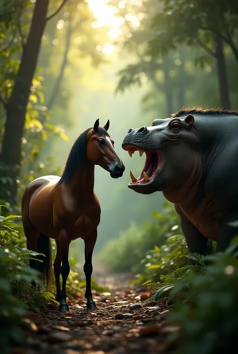 hyper-realistic, cinematic 8k masterpiece with a full- body profile of a horse and a hippo potamus facing each other in the jungle