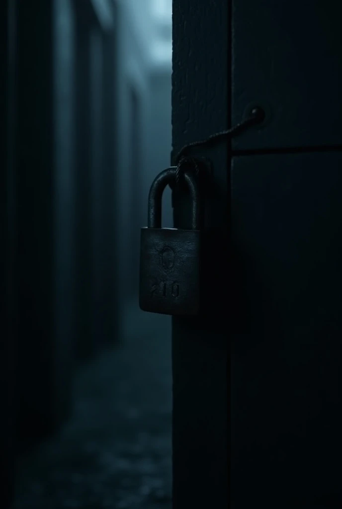 University door locked with a padlock on a dark night seen from about 4 meters