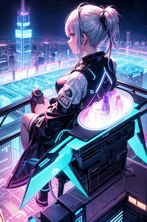 highest quality、Neon future city、Watching from high above、Back view、Night view