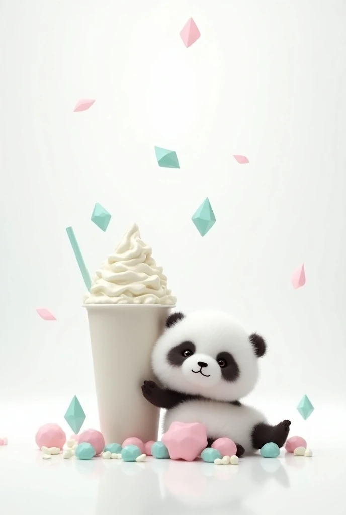 A beautiful baby panda,  white ice cream and milkshake ,  bright white turquoise and pink diamond floating around a white background