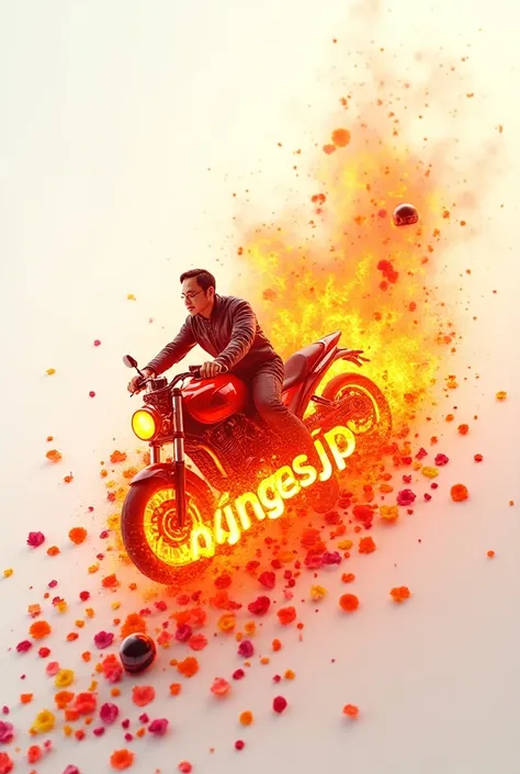 A 3D digital-cinematic illustration of a fire with the name "ningasJp" in flame letters. The fire is adorned with a man and motorcycle and small helmets placed in a delicate cascade. On the end of the cascade, there are petals in different colors. The back...