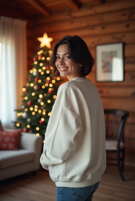  In Photo-Imaging of professional photorealistic images, (Christmas cabin interior background), (wearing a medium white sweatshirt) A pretty woman with short hair of 25 years , frame up to the legs , Turning my back on the lens
