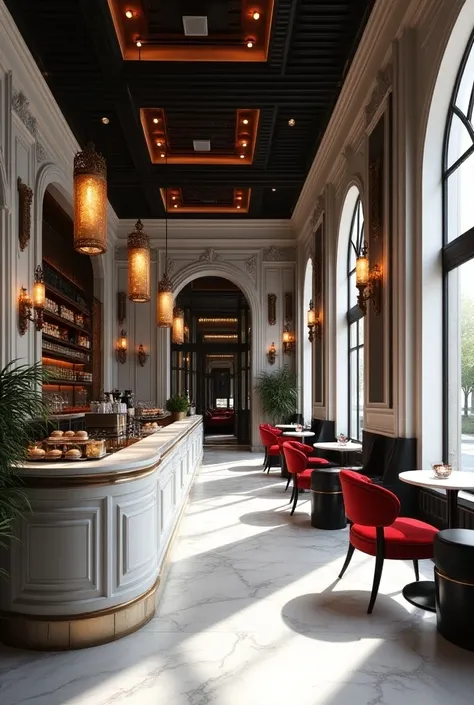 cafe with white, black and red interior. make it really expensive and rich