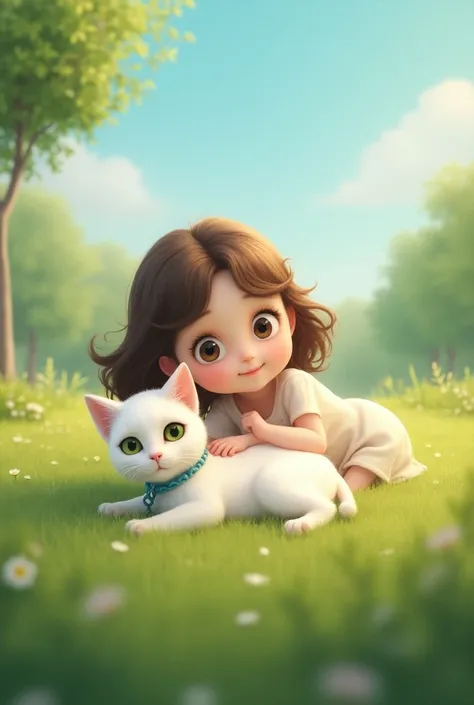 A  girl with a round face, no double eyelids, and big eyes, and a cat with white, green eyes, and a blue necklace are sitting on the lawn.