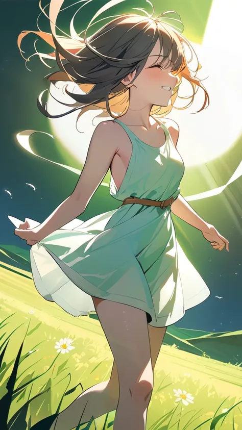 1 girl, ( cute face), smile,  medium hair,  hair fluttering like the wind,  Light Tank Dress ,  medium chest, free posture , 活き活きとした肌  
break, In the strong wind, (Moving Light :1.2),  Dynamic Hues ,  energetic vibe, break, field, the grass sways,  Bird Ch...