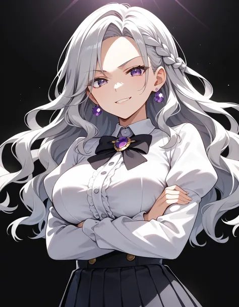 score_9,score_8_up,score_7_up,masterpiece,best quality,source_anime
BREAK 1woman,crossed arms,evil smirk
BREAK silver hair,long hair,wavy hair,parted bangs,braid,big breasts,violet eyes
BREAK white shirt,white sleeves,long sleeves,puffy sleeves,black skirt...