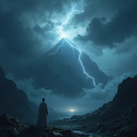  A powerful storm with lightning on a mountain , but in the background a small light shines ,  symbolizing the power and peace of God even in the midst of turmoil.