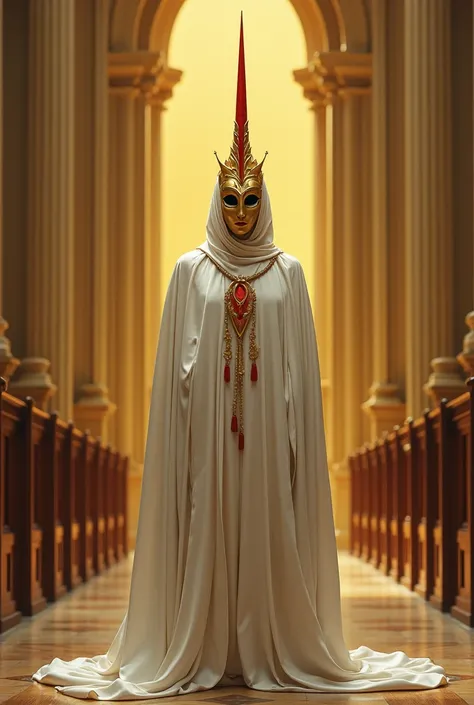 person in white robes in a golden church. wears a big golden mask with a red point pointing up like east and west  bridge of a compass. wears white robes with some red details like lines. The mask has two holes for the eyes and covers the entire face. full...