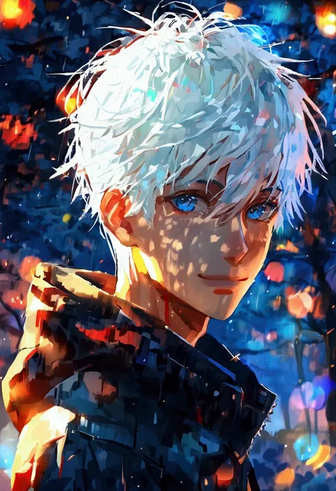 Anime of a pretty boy with white hair and blue eyes, background park, selfie, night, background light, Flequillo, Cabello blanco, Rubor, Sonrisa, 