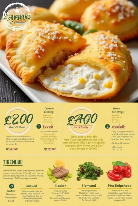  Create an advertising image of a business: 
name:  Empanadas la Promise
Family business ,  we have chicken empanadas corn cheese  ($2500.-) and we have typical pine empanadas  ($2000) They are premium empanadas that contain the words Empanadas la Promise ...