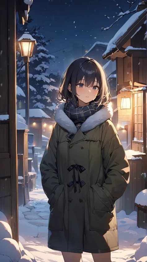  one girl playing pranks、Sad eyes、 short bob hair、medium breast、Heavy coat、 Staring at the Cold with Your Hands in Your Pocket 、 Fresh Snow Under Your Feet BREAK Snow Falling and Piling Up in Town 、( quiet night ):1.2、 Snow Illuminated by Streetlights 、Col...