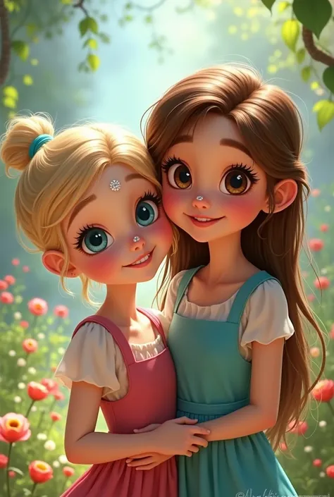  two friends a blonde with white skin and a dot piercing on her nose,  the other is brown-haired with big eyes and long eyelashes , They are skinny and cute Disney characters 