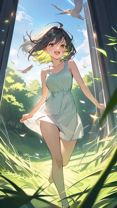 1 girl, ( cute face), smile,  medium hair,  hair fluttering like the wind,  Light Tank Dress ,  medium chest, free posture , 活き活きとした肌  
break, In the strong wind, (Moving Light :1.2),  Dynamic Hues ,  energetic vibe, break, field, the grass sways,  Bird Ch...