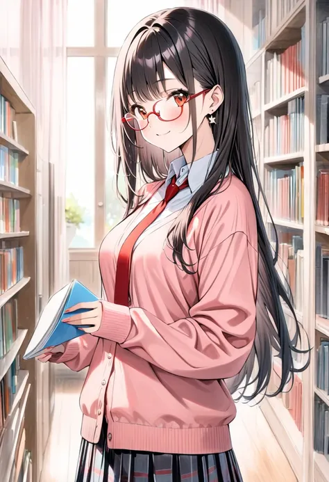 ((style:Colored pencil,pale colour)),(anime), (masterpiece:1.2), 1girl, , brown eyes are shining and cute, black hair, long hair, extremely detailed neat hair,Straight hair, tareme, ((red-rimless eyewear:1.2)), star earrings, medium breasts, smile, blushfu...