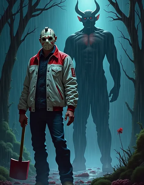 (Cartoon),  Jason Voorhees sees a demon in the distance that is approaching,  Jason has an axe in his hands ,  the demon is still far away from Jason , Its raining night ,  Jason wears a white jacket with red and black details  