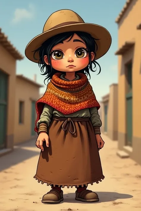 Cartoon of a poor cholita person with dirty and broken 