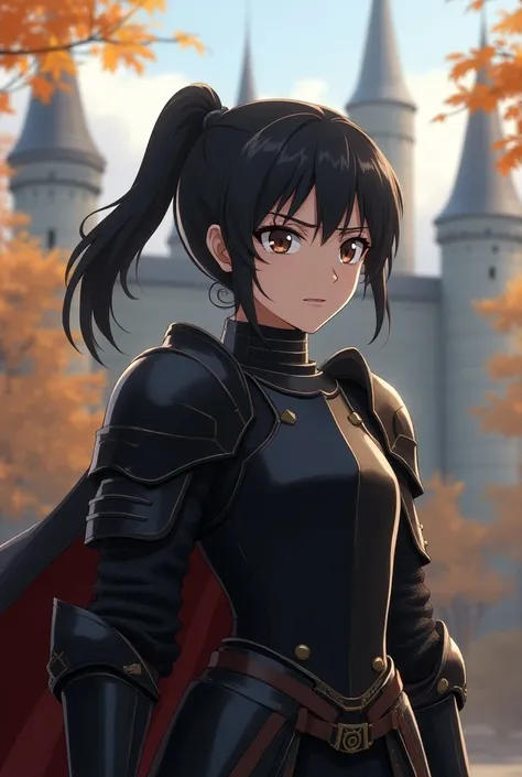 art by yaguru magiku, A teenage girl wearing a black knight armor, angry smile, in the style of Kyoto Animation in the 2010s, official art, ((((black hair)), eyes of Haruhi Suzumiya, face of Haruhi Suzumiya)), beautiful symmetric face, ponytail, at a medie...