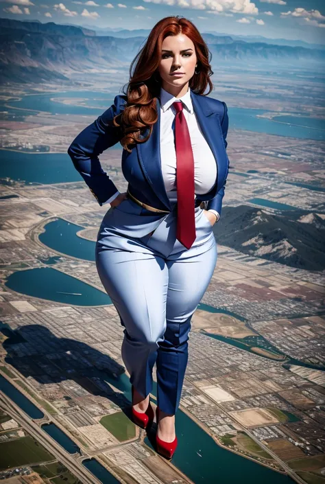 A sophisticated and stylish woman in a blue pinstriped trouser suit, white smart shirt, and a large thick paisley necktie in a windsor knot, with a beautiful, curvaceous figure, massive breasts, and long wavy bright red hair, with a curvaceous figure and m...