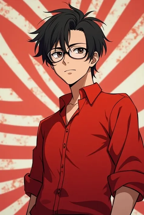 Cool 25 year old man wearing glasses red shirt short hair anime stripes