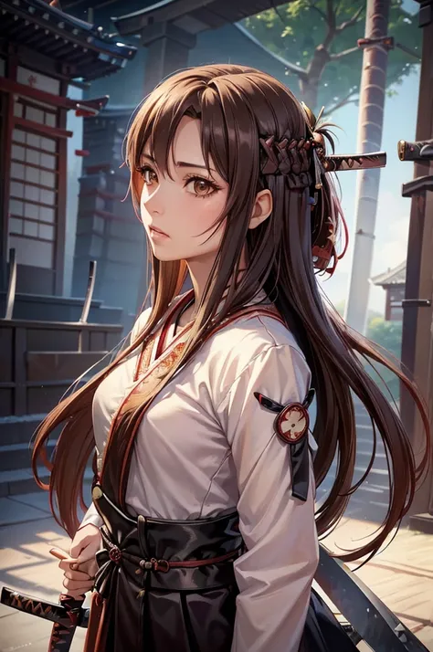 a young woman holding a katana sword ready, asuna yuuki, extremely detailed eyes and face, long eyelashes, beautiful detailed lips, intricate samurai armor, flowing hair, dynamic pose, detailed textures, cinematic lighting, vibrant colors, digital painting...