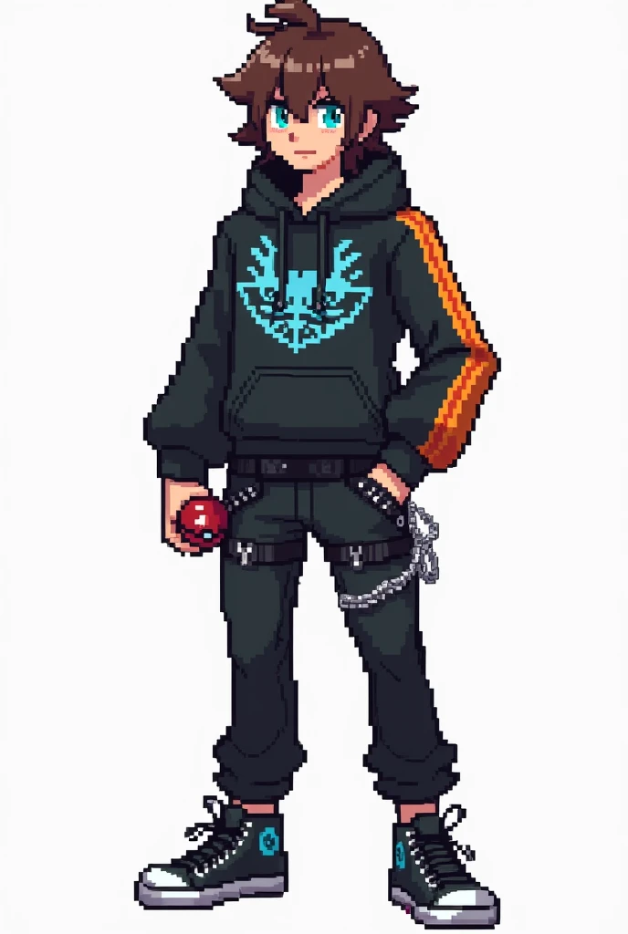 Create a full-body PIXEL ART of a male character, young adult,  in the style of the game :  Pokemon Black and White following the following instructions .  Make it look like an adult . Make him slightly muscular , not a lot.  Make him have brown skin .  Ma...