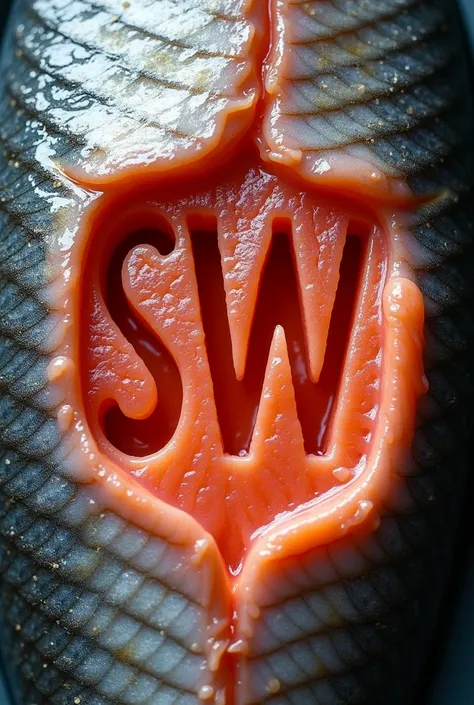 Create a top view image in which the letters "SW" will be drawn from the top layer of fish skin with beautiful realistic scales, revealing a beautiful slice of textured salmon meat with veins underneath. The letters should look as if they were neatly carve...