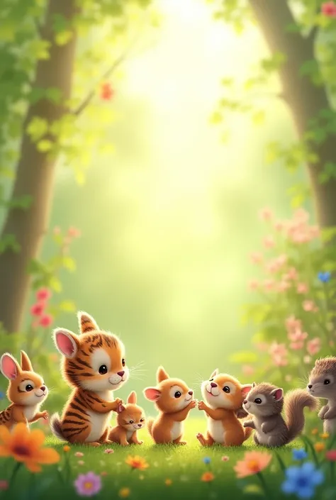 A cute and detailed illustration of small animals in a natural setting. Show a variety of tiny creatures like baby rabbit, tiger,cat,, squirrels, hedgehogs, and kittens, playing in a lush green meadow with flowers and soft sunlight. The animals should look...