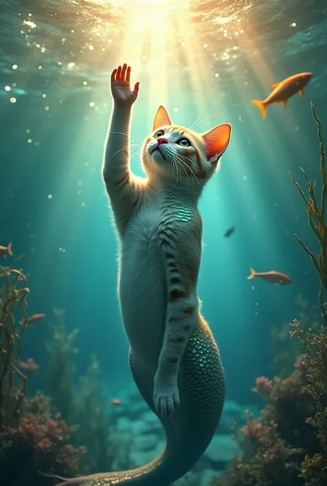 The shimmering mermaid cat reaching towards the oceans surface with her paw, sunlight filtering through the water around her.