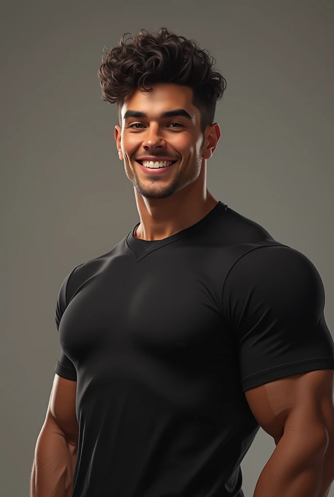 A  young man , black and brown curly hair ,6’6 height , with black shirt , without beard , smiling , body builder 