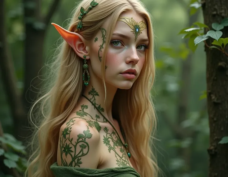 A realistic, detailed image of an elf girl with long, flowing golden-blond hair and striking emerald green eyes. Her skin is fair, almost porcelain-like, with intricate, nature-inspired body paint covering her arms, shoulders, and collarbone. The body pain...