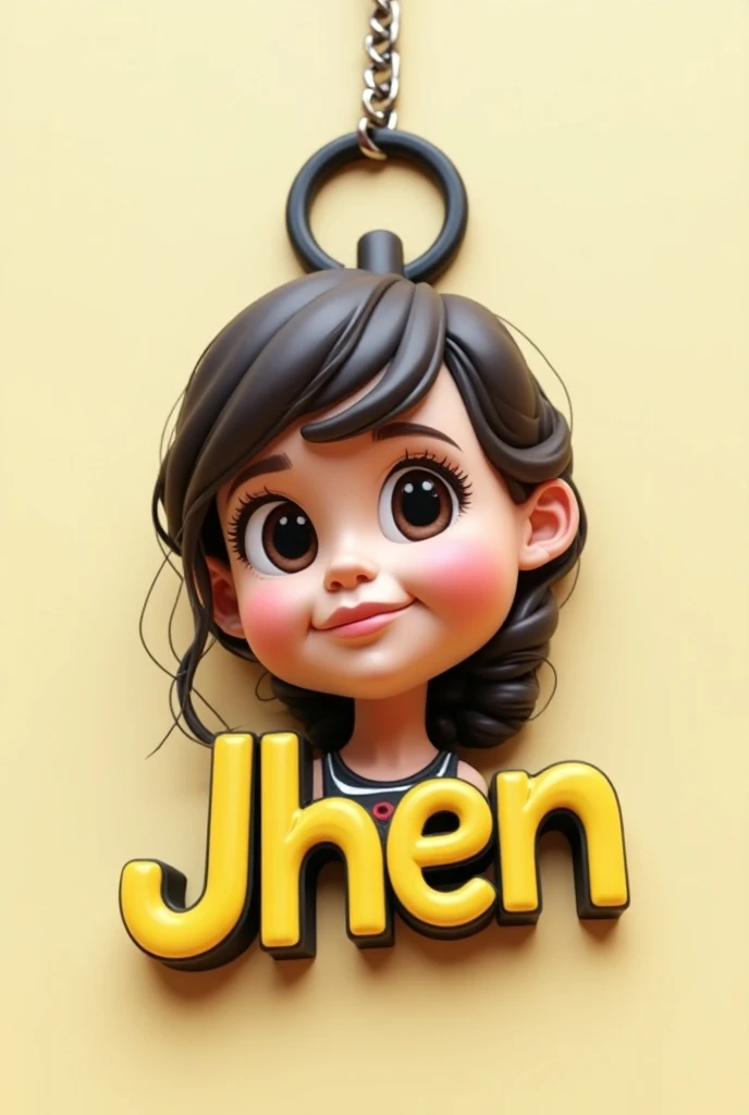 " 3D caricature of a girl, key chain in High-quality realistic photo, and there is the name Jhen in 3D letter style, embossed and realistic, in black yellow, indium white and black,