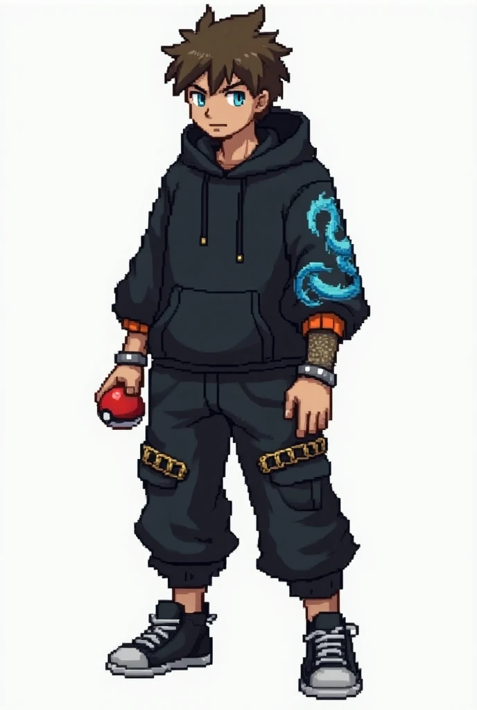 Create a full-body PIXEL ART of a male character, young adult,  in the style of the game :  Pokemon Black and White following the following instructions .  Make it look like an adult . Make him slightly muscular , not a lot.  Make him have brown skin .  Ma...