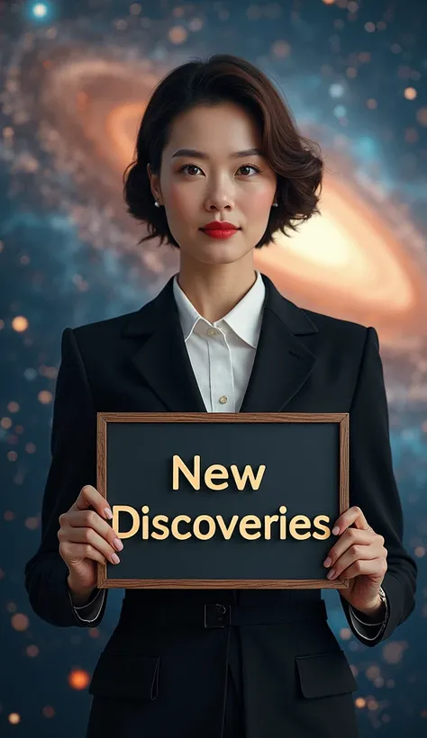 Image of a woman in  formal clothes pent and cost holding a sign board with "New Discoveries" in bold letters background should be like universe 