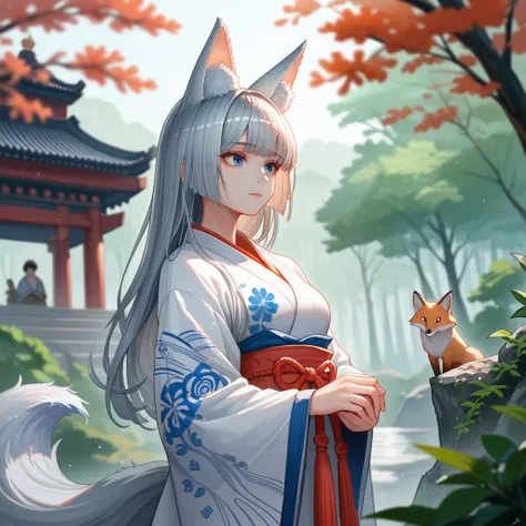 female, Silver Fox , Fox ears,  Gumiho tails, Dreamy, Fantasy, beautiful,   Republic of Korea Hanbok, Traditional Korean clothes, robe, Blue eyes, Mysterious, Blurred , Koreas Gumiho, whole body, Gyeongbokgung Palace, In the green forest ,  blue atmosphere...