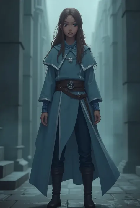 ( best quality , 4K, 8k,  high resolution ,  masterpiece : 1.2), ultra-detailed, (realistic, fotorrealistic, foto-realistic: 1.37),   and an Apprentice of the Order of the Guardians of Time .  O The character wears a long light blue tunic with silver edges...