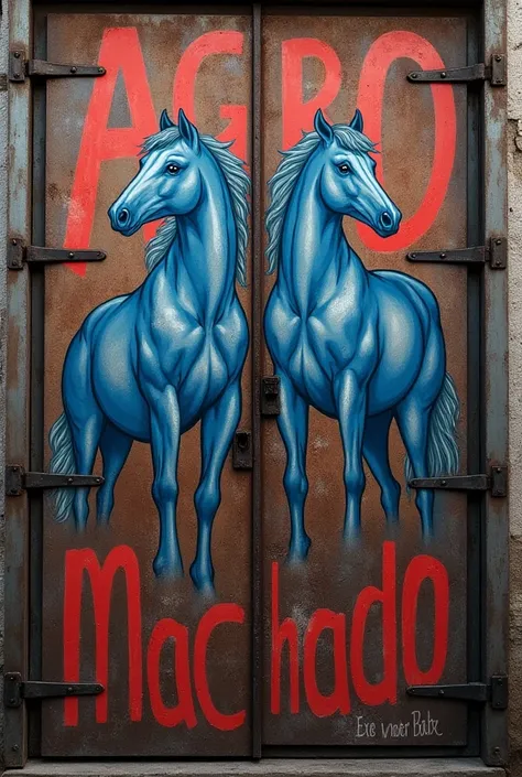 Agro Machado written on a zinc door with the letters in blue and red and with a horse at the beginning of the sentence and another at the end