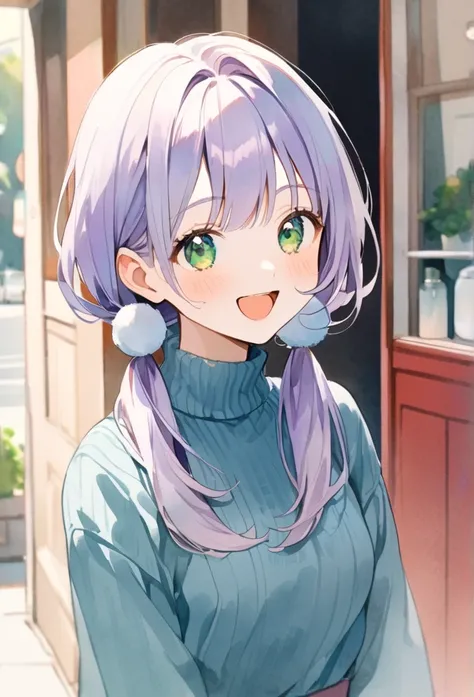 (light watercolor:1.3), (pastel color:0.4), solo, cute 1 girl, ((low twintails hair with blue ponytail balls)), medium hair, pale-purple hair, 
laugh out loud, green eyes, open mouth, diamond face shape,
she is wearing a Crimson turtleneck, nostalgic mood,...