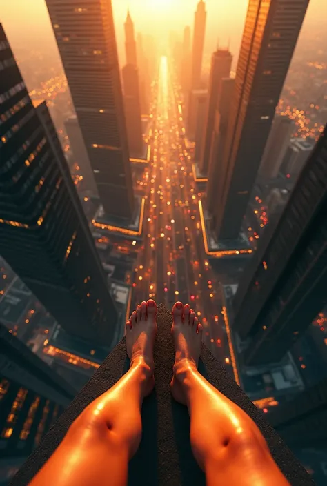 “A high-angle view of a woman’s bare feet standing on the edge of a skyscraper rooftop, overlooking a bustling cityscape far below. Tall buildings stretch into the distance, streets are filled with tiny moving cars, and the city lights begin to glow in the...