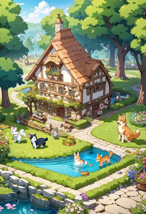 anime style,A picture of a miniature garden seen from above, with a pond, trees, flowers, a miniature girl, a dog, a cat, a rabbit, a fox, a squirrel, a bird, a fairy tale house,