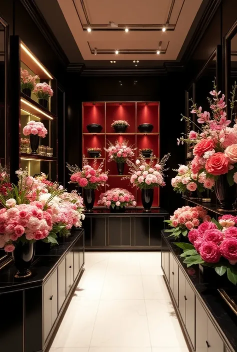 flower shop with white, black and red interior. make it really expensive and rich