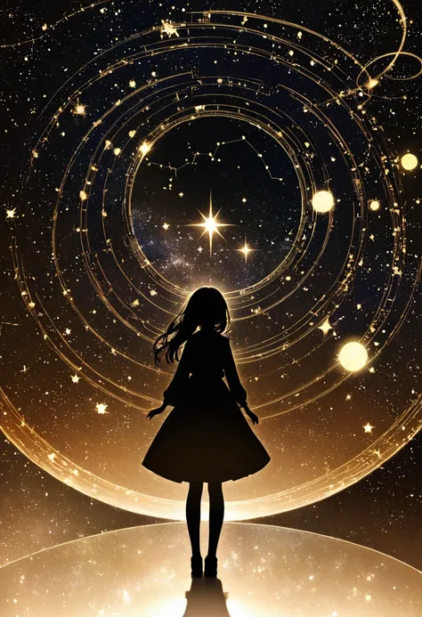 ((   glitter))、Shine絵 、  one woman,Black silhouette, galaxy silhouettes ,シルエット内部がShine, Imaginary,grow up, red々とShine星, Antares ,constellation,Planetarium ,Shine ,sepia,Unity,  光がShine  ,    visible from afar 