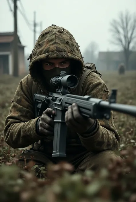 A  image of a camouflaged sniper inspired by the game DayZ