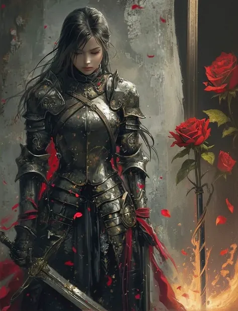 Woman in armor holding a sword and a red rose, of a beautiful Female Knight, Female Knight, beautiful Female Knight, Girl in Armor, Girl in knight&#39;s armor, Beautiful Armor, Woman in red armor,  fantasy paladin woman , Female Armor, Female Paladin, gorg...